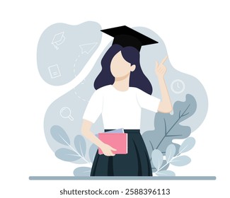 female student with graduation cap, holding books in hand 
