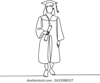 Female student in graduation gown and cap in continuous one line drawing, minimalist academic illustration

