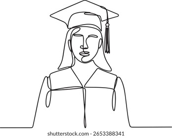 Estudante do sexo feminino em vestido de graduação e boné em desenho contínuo de uma linha, ilustração acadêmica minimalista

