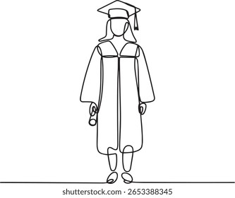 Estudante do sexo feminino em vestido de graduação e boné em desenho contínuo de uma linha, ilustração acadêmica minimalista


