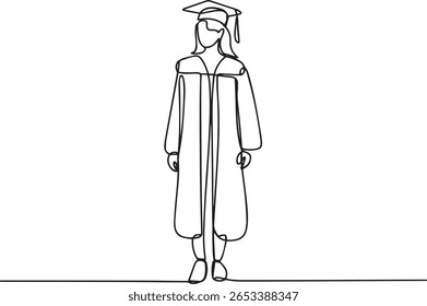 Estudante do sexo feminino em vestido de graduação e boné em desenho contínuo de uma linha, ilustração acadêmica minimalista

