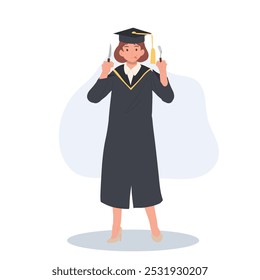 Female Student in Graduation Gown with Fork and Knife. Concept for Free Meal Promotions and Discounts for Graduates .Celebrate Your Achievement