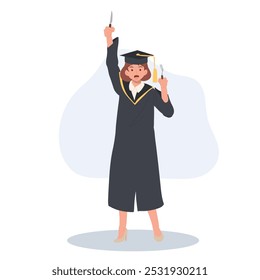 Female Student in Graduation Gown with Fork and Knife. Concept for Free Meal Promotions and Discounts for Graduates .Celebrate Your Achievement