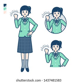 A Female student in a green blazer with fist pump images.
It's vector art so it's easy to edit.

