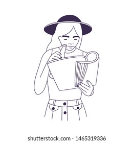 Female student in hat reading book or magazine and drinking beverage from bottle. Portrait of smart young girl with textbook hand drawn with contour lines on white background. Vector illustration.