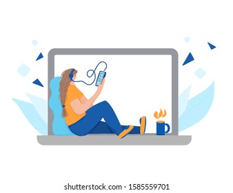 Female student in headphones sitting listening an audiobook on laptop screen. Girl wearing in casual clothes spending time by own company. Online education concept. Vector illustration. 