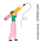 Female student holding big pencil. Happy young girl, artist, writing with large pencil. Back to school and education, knowledge concept. Flat cartoon vector illustration