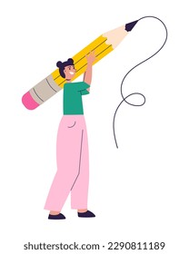 Female student holding big pencil. Happy young girl, artist, writing with large pencil. Back to school and education, knowledge concept. Flat cartoon vector illustration