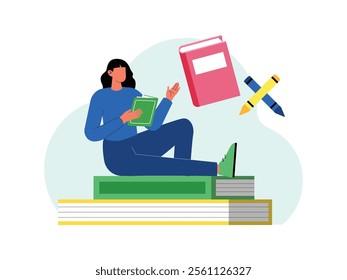 a female student is holding a book she is sitting on a large pile of books, there are also colored pencils