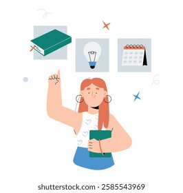 Female Student Holding A Book With Study And Planning Icons In Flat Vector Illustration Symbolizing Education, Organization, And Knowledge, Isolated On White Background