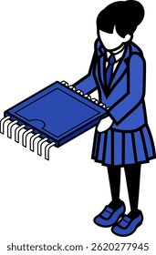 The female student holding an electronic circuit part - Blue Monochrome
