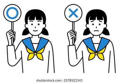 Female student holding OK and NG marks