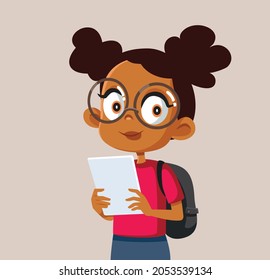 
Female Student Holding PC Tablet Vector Cartoon. Young child using modern technology for entertainment, communication, and distance digital learning
