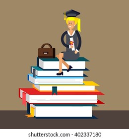 Female student holds diploma in hand and sitting on stack of big books. Vector flat style illustration. Education Graduation concept. 