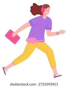 Studentin, die sich beeilt, zur Arbeit oder zur Schule zu gehen. Laufende Person