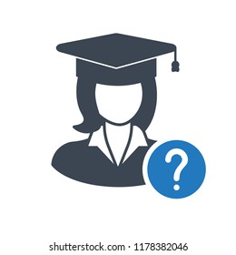 Female Student icon, graduation cap, education concept icon with question mark. Student icon and help, how to, info, query symbol