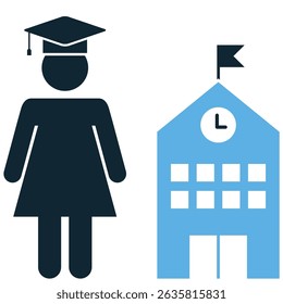 Female student icon vector for academic life, school identity, and learner profile. Ideal for girl education visuals, character design, or classroom diversity icons.
