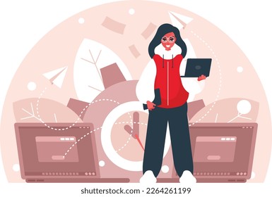 Female student with laptop. Teenage girl in sweatshirt holding laptop and tablet. Background with laptops and gear. Business software development concept. Internet Marketing. Vector graphics