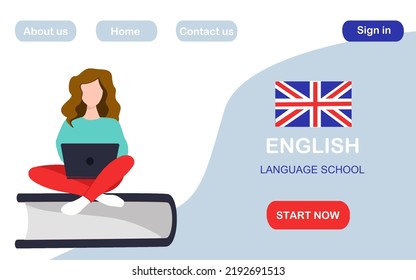 Female student learn English online. Distance education concept. Landing page for foreign language sites
