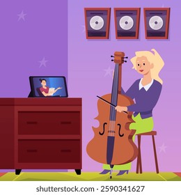 Female student learn to play cello with online lessons flat vector illustration. Musical video lecture, computer study and education concept. Musician girl artist on string instrument performance