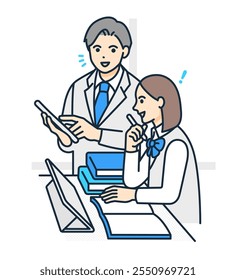 A female student learning. Illustration of a teacher using a tablet at school to teach study.