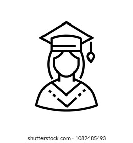 Female student - line design single isolated icon on white background. High quality minimalistic black pictogram, emblem. An image of a girl in an academic hat and mantle. Education theme