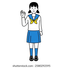 Female student making an OK sign (full body)