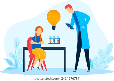 Female student and male teacher conducting experiment in lab. Girl with red hair in yellow skirt at desk, man in blue coat with tablet. Science education and chemistry class vector illustration.