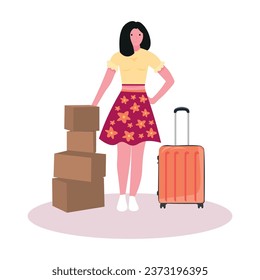 Female student with moving boxes and packed suitcase on white ba