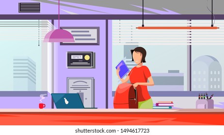 female student packing her backpack after the class  illustration concept