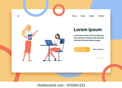 Female student passing exam and checking answers. Teacher, test, laptop flat vector illustration. Education and examination concept for banner, website design or landing web page
