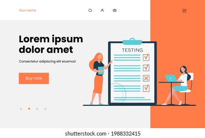 Female student passing exam and checking answers. Teacher, test, laptop flat vector illustration. Education and examination concept for banner, website design or landing web page