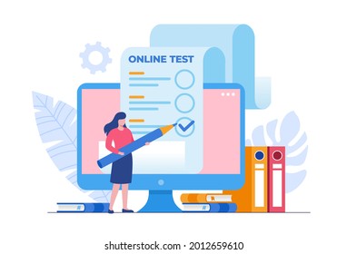 Female student passing online test and checking answers. Flat vector illustration