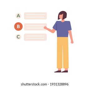 Female student passing test, and choosing wrong answer. Woman making mistake or error during exam. Education concept. Colored flat vector illustration isolated on white background