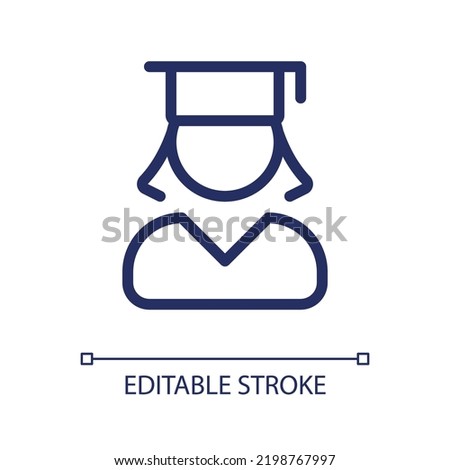 Female student pixel perfect linear ui icon. Graduate girl. Alumna of school, university. GUI, UX design. Outline isolated user interface element for app and web. Editable stroke. Arial font used