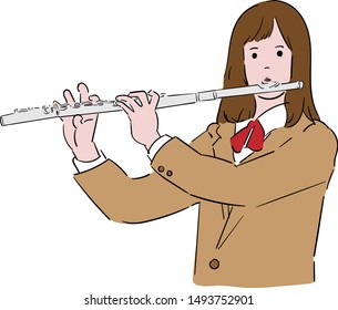 A female student playing a wind instrument or flute