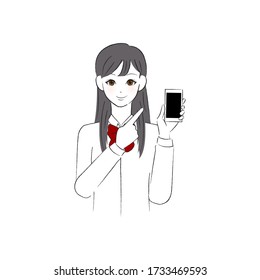 A female student pointing at a smartphone