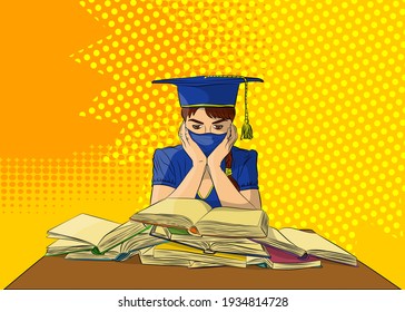 Female Student Preparing For Exams With A Lot Of Books, Wearing Graduation Cap And Mask. College University Or High School Graduation. Comic Book Style Vector Illustration.