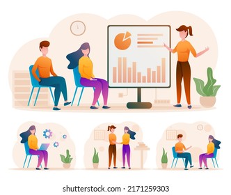 Female student presenting report graph in class. Cartoon person presents report at school