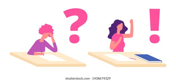 Female student problem solution concept. Troubled girl student at desk thinking with question mark. Exam time illustration. Woman sit at desk with question mark