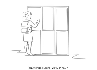Female student puts things in locker. School locker concept one-line drawing