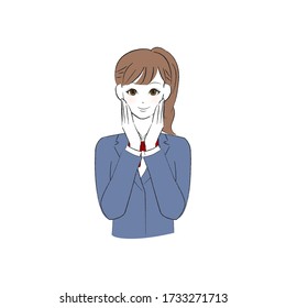 Female student putting both hands on the cheek