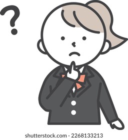 A female student with a questioning expression looking at the question mark on her head.
Simple style illustrations with outlines. A female student wearing a blazer uniform.