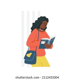 Female student reader with book cartoon character, flat vector illustration isolated on white background. Young student or literature fan woman personage.
