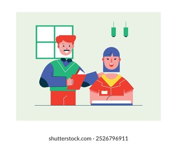 Female student reading book, homeschooling with male teacher. Learning activity. Design character. Vector flat illustration