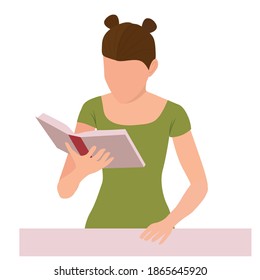 female student reading a book. Vector illustration isolated on white background. Education concept for college exam, hobby.