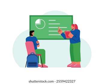 A female student is reading a book while pointing at the blackboard she is teaching her male friend who is sitting in the chair while listening to her.
design, vector, illustration