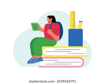 a female student is reading a book while sitting on a pile of large books, there are also pencils and rulers.
design, vector, illustration