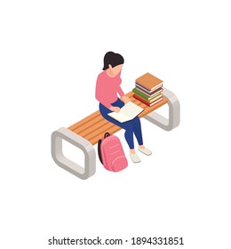 Female student reading books on bench 3d isometric vector illustration