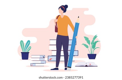 Female student ready for education - Young woman standing in front of school books holding big pencil ready to learn and be educated. Flat design vector illustration with white background